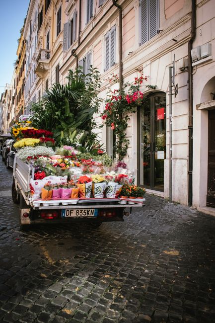 A delivery truck parked on a cobblestone street in front of a European-style building with ornate window shutters and a flower box overflowing with pink blooms. The truck's bed is loaded with a vibran